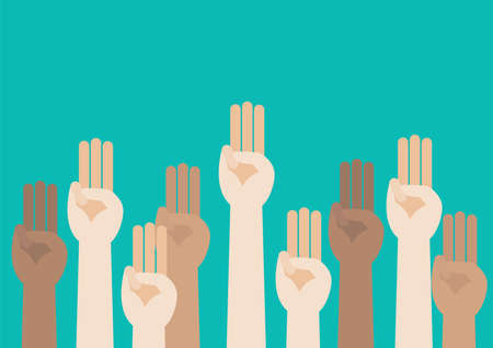 Raised hands showing three fingers salute. Anti dictatorship protest concept. vector illustrationのイラスト素材
