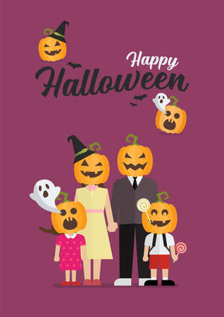 Happy Halloween Family with pumpkin head. Vector illustrationのイラスト素材