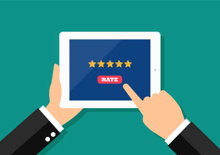 Businessman giving five star rating on smartphone. Vector illustrationのイラスト素材