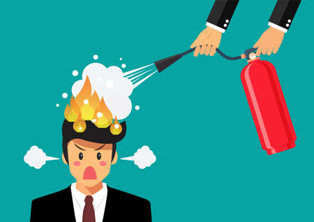 Angry businessman with head on fire gets help from man with extinguisher. Vector illustrationのイラスト素材