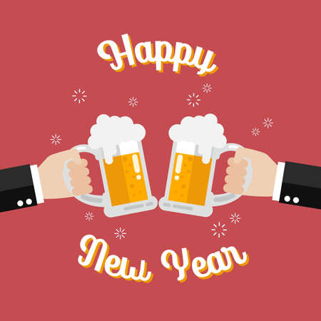 Happy new year poster Toasting glasses of beer. Vector Illustrationのイラスト素材