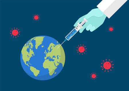 Doctor hand injecting vaccine into planet earth. Covid-19 Coronavirus concept. Vector illustrationのイラスト素材