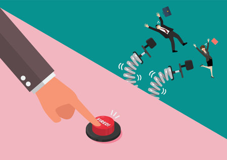 Businessman hand pushing fired button to layoff his employees. Vector illustration
