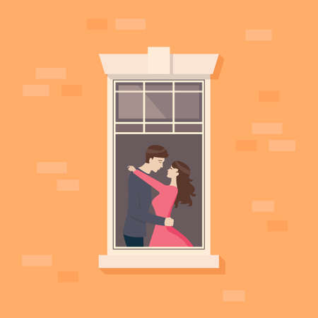 Apartment window with couple are kissing. vector illustration.のイラスト素材