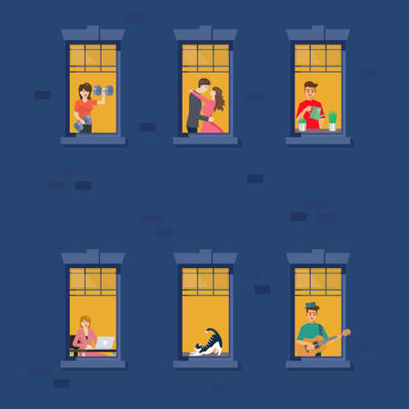 Apartment building facade with neighbor people in open windows at night. vector illustration.のイラスト素材