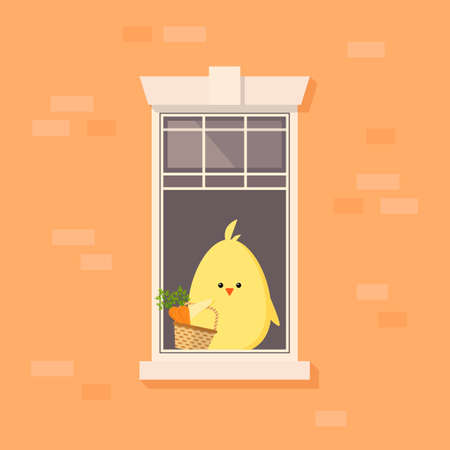 Apartment window with baby chick holding a basket with carrots. Happy Easter conceptのイラスト素材