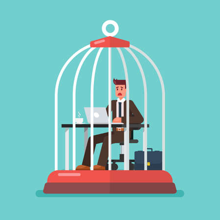 business man working at desk trapped inside birdcage. Stress at work concept. Vector illustrationのイラスト素材