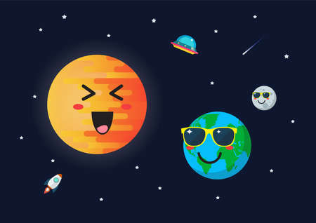 Planet earth wearing sunglasses againts sun character. Funny cartoon emoticons on space background.の写真素材