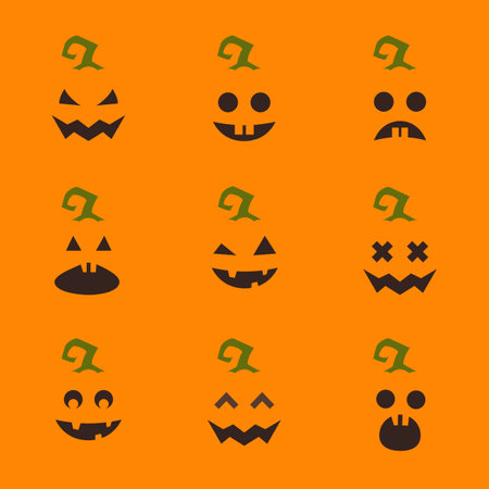 Set of Halloween pumpkin faces on orange background. Funny cartoon emoticonsのイラスト素材