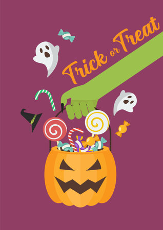 Green zombie hand holding halloween pumpkin basket poster. Flat style vector illustration.のイラスト素材