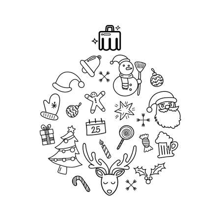 Christmas doodles elements laid out in shape of christmas ball. Hand drawn vector illustrationのイラスト素材