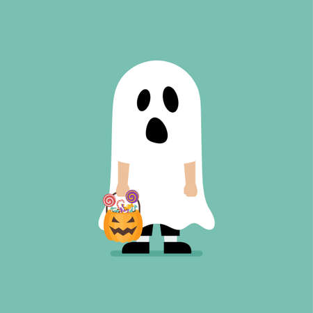 Boy with pumpkin basket dressed in ghost costume. Halloween holiday party. Vector illustrationのイラスト素材