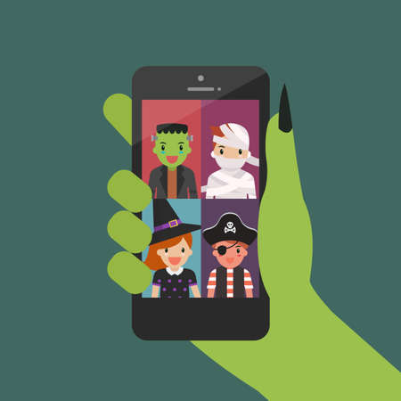 Halloween Party Video conference from smartphone. Vector illustrationのイラスト素材