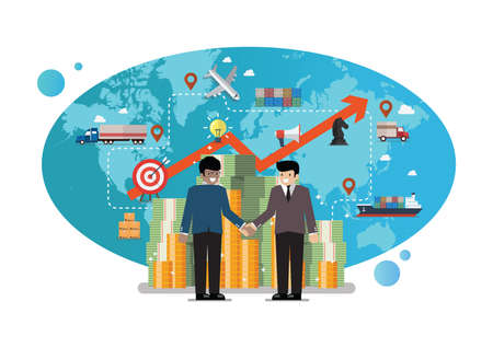 Business partnership with global logistics network on background. Vector illustrationのイラスト素材