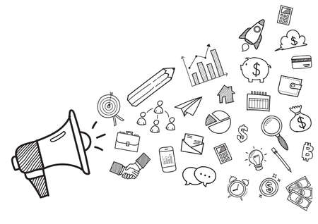 Megaphone with Business doodles hand drawn icons. Vector illustrationのイラスト素材