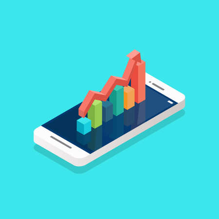 Red arrow growth with bar chart on the smartphone screen isometric. Vector illustrationのイラスト素材