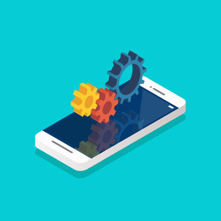 Mechanic gears on the smartphone screen isometric. Vector illustrationのイラスト素材