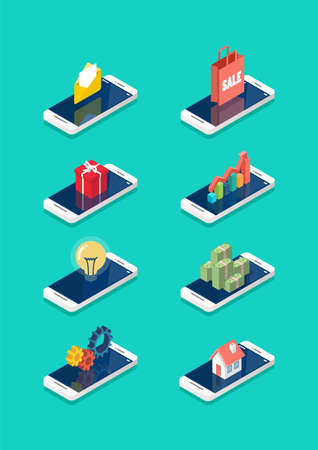 Technology elements on the smartphone screen isometric collection. Vector illustrationのイラスト素材