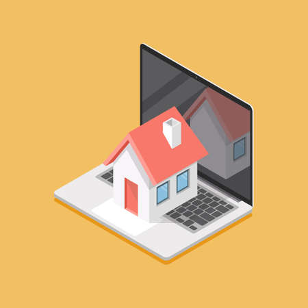 House icon on laptop screen isometric view. Vector illustrationのイラスト素材