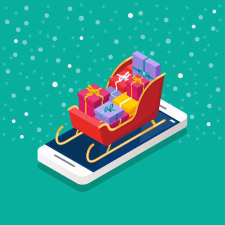 Pile of gift boxes on the smartphone screen isometric. Vector illustrationのイラスト素材