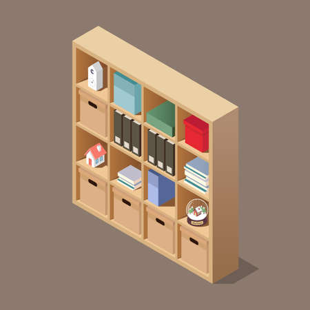 Isometric wooden shelves with books and objects decoration. Vector illustrationのイラスト素材