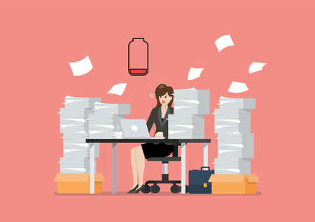 Low battery woman sitting at table with laptop and pile of papers in office. Burn out concept. Vector illustrationのイラスト素材