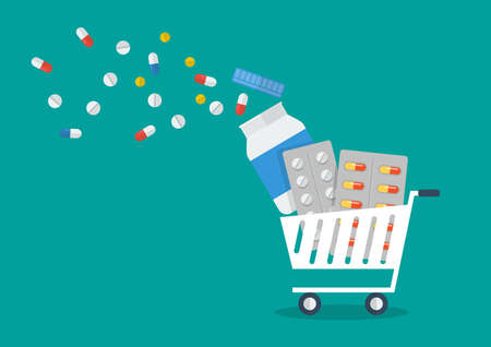 Shopping cart full of medicines. Concept of an online pharmacy. Vector Illustrationのイラスト素材