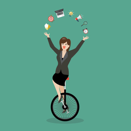 Business woman showing her skills on unicycle. Business idea concept. vector illustrationのイラスト素材