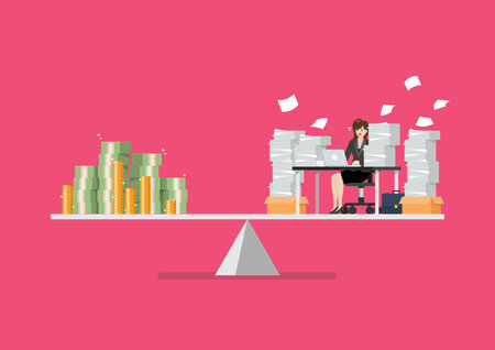 Working hard business woman compare with money on balance scale. Vector illustrationのイラスト素材