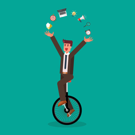 Businessman showing his skills on unicycle. Business skill concept. vector illustrationのイラスト素材