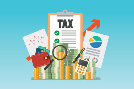 Tax report with money and calculator. Vector illustrationのイラスト素材