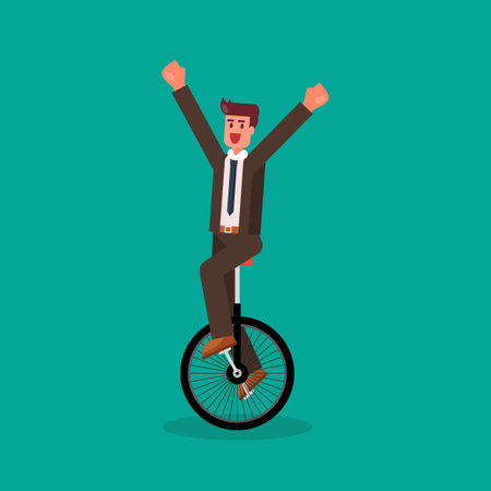 Business woman showing her skills on unicycle. Business idea concept. vector illustrationのイラスト素材