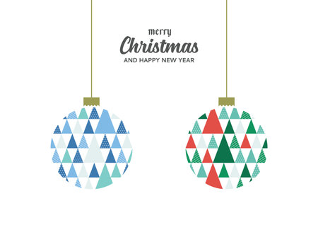 Merry Christmas balls with colorful triangle pattern. Greeting card. Vector illustrationのイラスト素材
