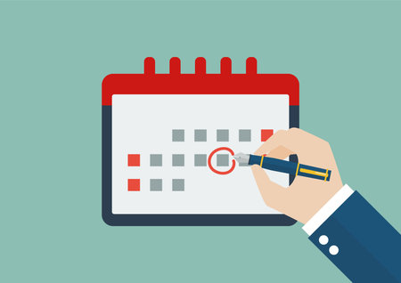 Hand with pen mark on calendar date. Person draws red mark around a date in the calendar. Vector Illustrationのイラスト素材