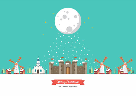 Church Castle Windmill Tiny town in winter season. Merry Christmas and Happy new year.Vector illustrationのイラスト素材