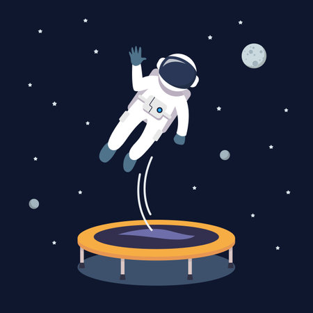 Astronaut Jumping and Bouncing on Trampoline. Vector illustrationのイラスト素材