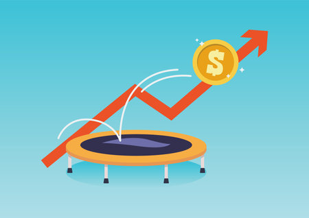 Dollar coin bounce back on the trampoline. Vector illustrationのイラスト素材