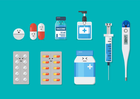 Emoji medical healthcare elements. Capsules tablets medicine. Set of medical pills. Vector illustrationのイラスト素材