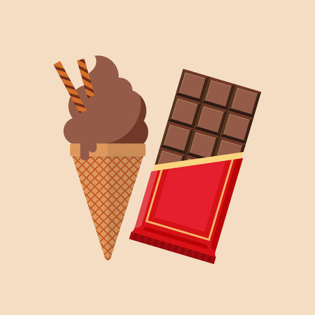 Chocolate ice cream in the cone with chocolate bar. Vector illustrationのイラスト素材