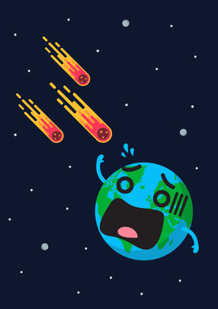 Asteroids are approaching to frightening earth. Vector illustrationのイラスト素材