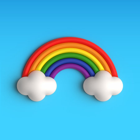 3d Rainbow with Clouds on blue background. Vector illustration