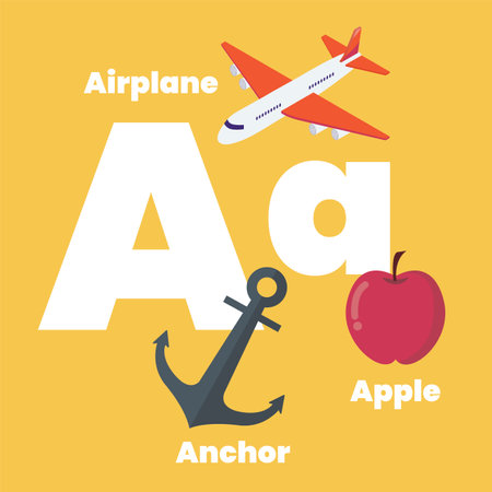 Cute children ABC alphabet flashcard words with the letter A for kids learning English vocabulary. Airplane Anchor Apple. Vector illustrationのイラスト素材
