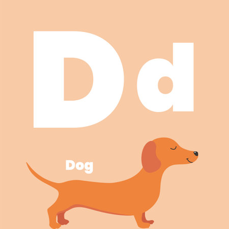 Cute children ABC alphabet flashcard words with the letter D for kids learning English vocabulary. Dog. Vector illustrationのイラスト素材