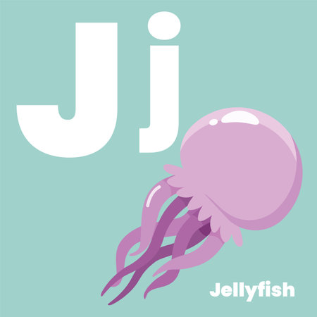 Cute children ABC alphabet flashcard words with the letter J for kids learning English vocabulary. Jellyfish. Vector illustrationのイラスト素材