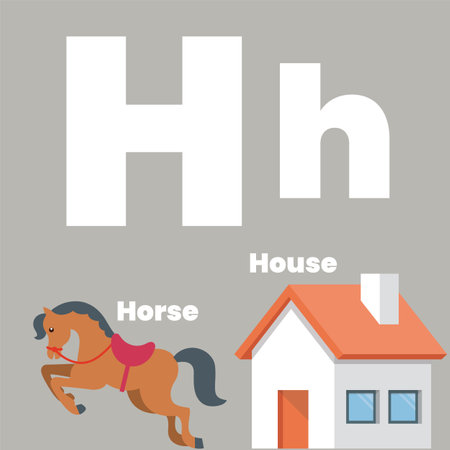 Cute children ABC alphabet flashcard words with the letter H for kids learning English vocabulary. Horse House. Vector illustrationのイラスト素材