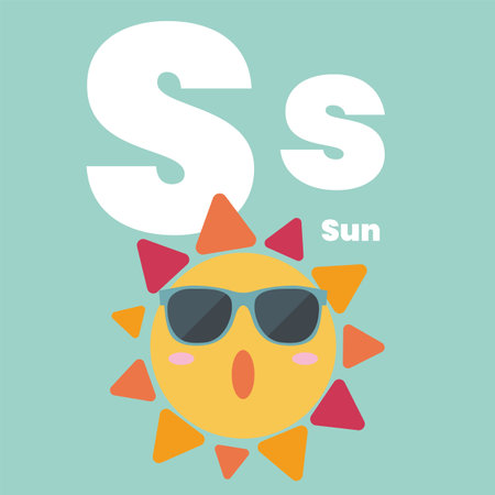 Cute children ABC alphabet flashcard words with the letter S for kids learning English vocabulary. Sun. Vector illustrationのイラスト素材