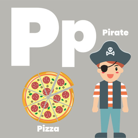 Cute children ABC alphabet flashcard words with the letter P for kids learning English vocabulary. Airplane Anchor Apple. Vector illustrationのイラスト素材