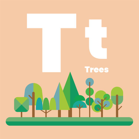 Cute children ABC alphabet flashcard words with the letter T for kids learning English vocabulary. Trees. Vector illustrationのイラスト素材