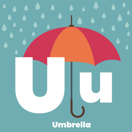 Cute children ABC alphabet flashcard words with the letter U for kids learning English vocabulary. Umbrella. Vector illustrationのイラスト素材