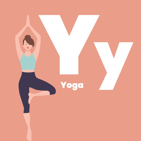 Cute children ABC alphabet flashcard words with the letter Y for kids learning English vocabulary. Yoga. Vector illustrationのイラスト素材